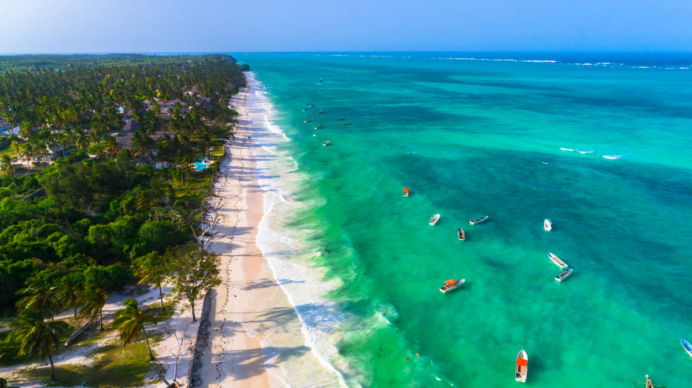 Plaża w Paje na Zanzibarze, palmy i łodzie na turkusowej wodzie Oceanu Indyjskiego, widok z lotu ptaka.