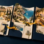 Trzy otwarte teczki z makietami hotelu, nadmorskiej trasy i kolacji, połączone żółtą wstęgą — ilustracja porównywania ofert incentive.
