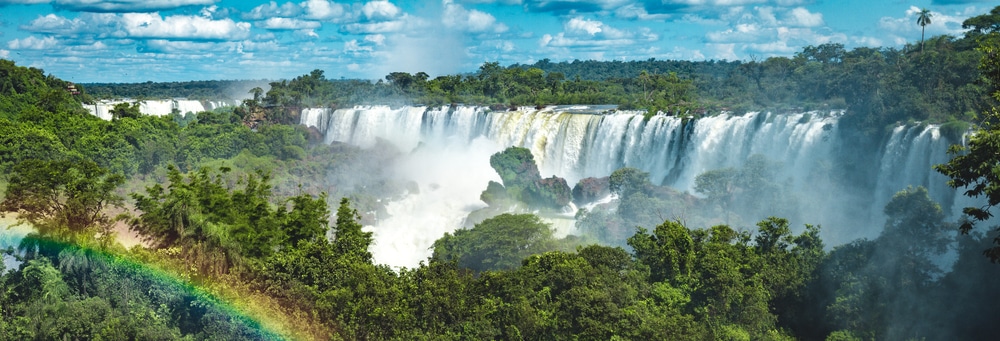 Panorama wodospadów Iguazú w Brazylii, otoczonych zielonym lasem, z tęczą nad doliną.