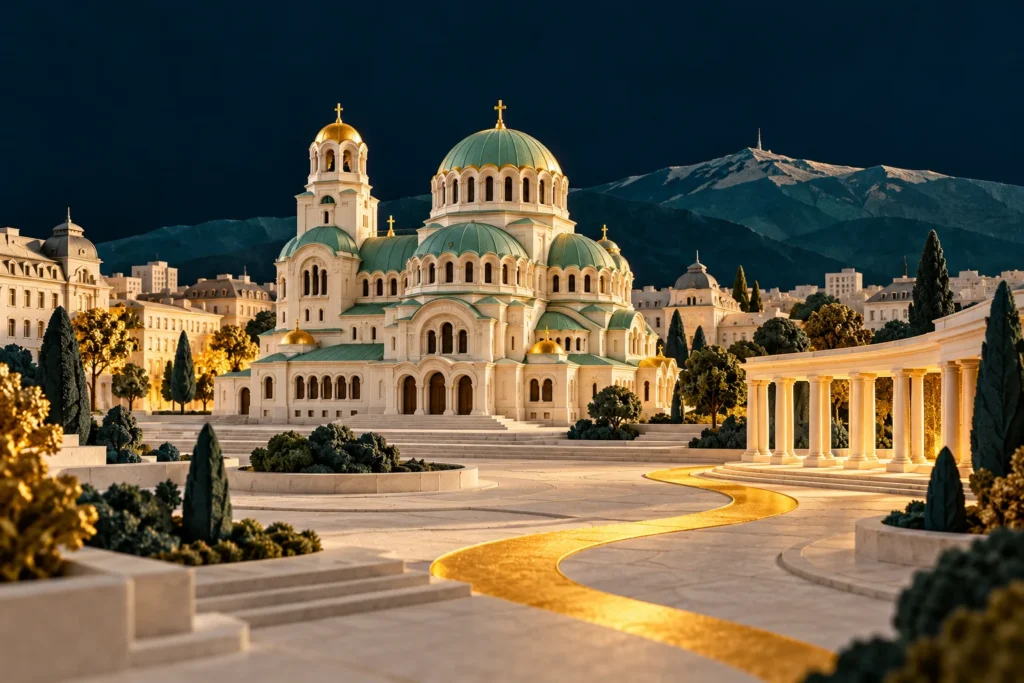 Ilustracja Sofii: architektoniczna miniatura soboru Aleksandra Newskiego na tle gór, w granatowo-złotej kolorystyce.