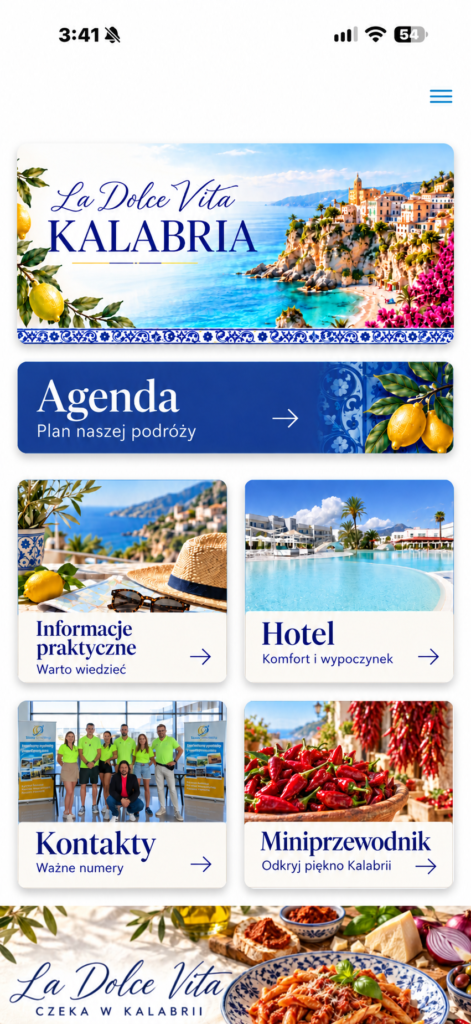 Ekran aplikacji wyjazdowej TRCO: agenda, informacje praktyczne, hotel, kontakty i miniprzewodnik po Kalabrii